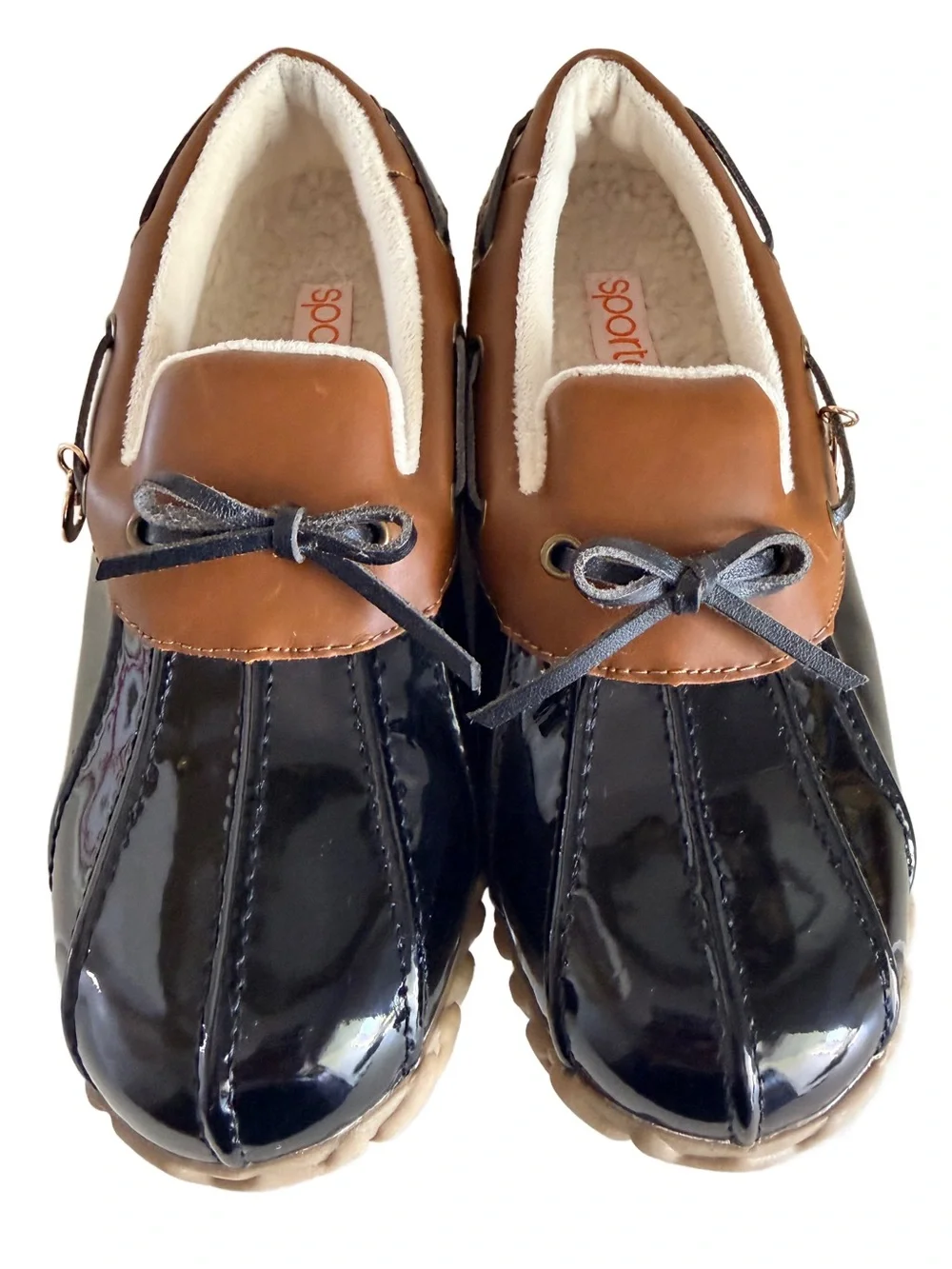 Sporto Patty Waterproof Black Patent Leather Slip On Duck Shoes Loafers